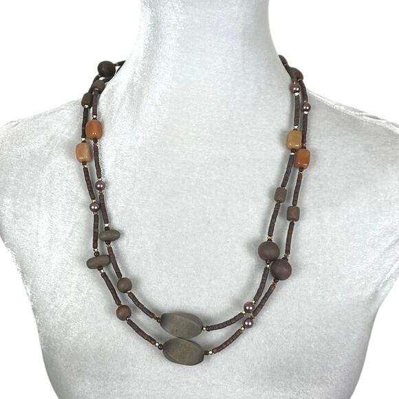 Brown and Orange Beaded Double Strand Layered Long Necklace - Picture 1 of 3